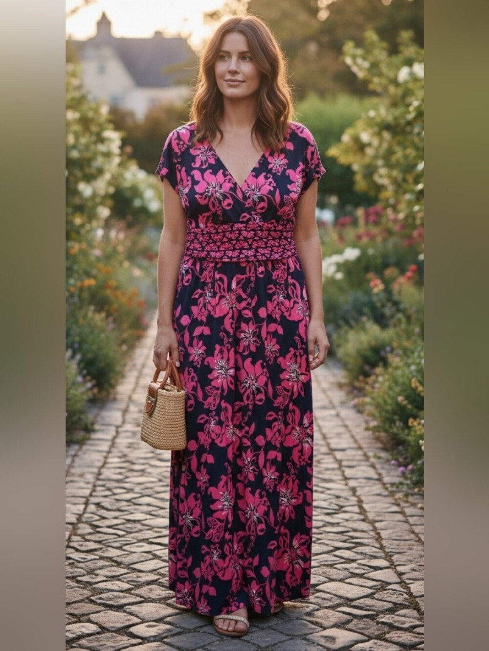 Lilly Pulitzer Pink Floral V-Neck Maxi Dress on Navy
